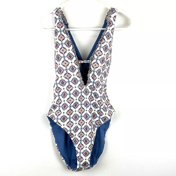 Becca Women’s White/Blue V Neck One Piece Swimsuit Size Small